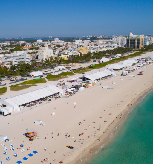 Aerial image of the annual South Beach Wine and Food Festival along Ocean Drive