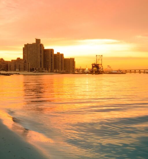 Warm sunrise on the coast. Overlooking the Atlantic Beach Bridge. East rockaway Intel. New-York. US East Coast.