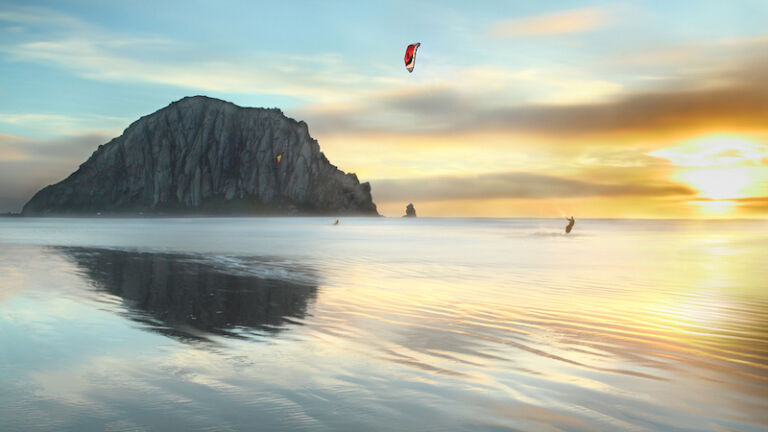 Kitesurfing in the evening at Morro Bay Beach.