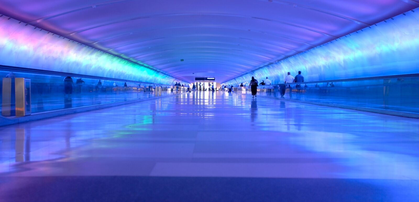 Light Tunnel at DTW-Detroit Metropolitan Wayne County Airport in Michigan, U.S.A.. The LED illuminated 700 foot tunnel connects Concourse A with Concourses B and C and the McNamara Terminal.