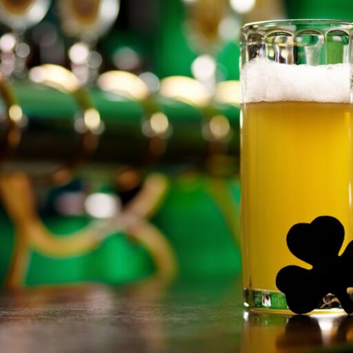 Image of glass of beer with shamrock leaf on pub table