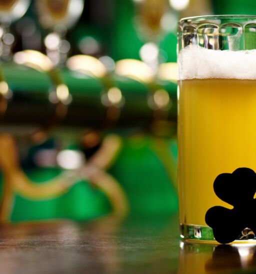 Image of glass of beer with shamrock leaf on pub table