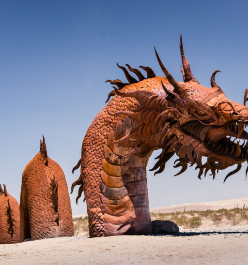 a 350-foot long Serpent sculpture to the collection of prehistoric animals on display at Galetta Meadows. Photo via Shutterstock.