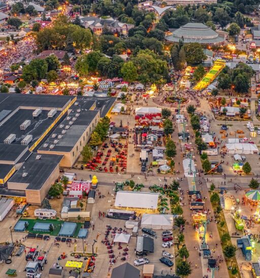 Aerial view of the Iowa State Fair in the Des Moines metro area. Photo via Shutterstock.