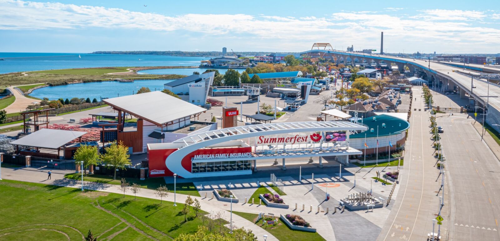 Aerial view of Henry Maier Festival Park home of Milwaukee World Festival Inc and the Summerfest grounds.