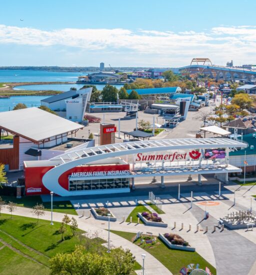 Aerial view of Henry Maier Festival Park home of Milwaukee World Festival Inc and the Summerfest grounds.