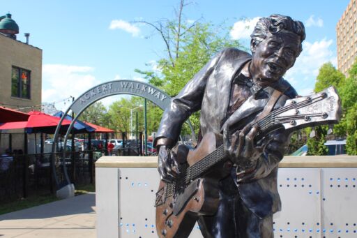 ST LOUIS MISSOURI - MAY 2018: Chuck Berry Statue in May 2018 in St. Louis, Missouri. The 8-foot-tall bronze statue stands on Delmar Blvd near the Ackert Walkway. Chuck Berry was born in St. Louis.